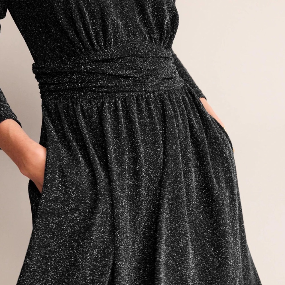 Boden Shimmering Sparkle Ruched Black Long Sleeve Midi Dress 6R NWT - Picture 4 of 6